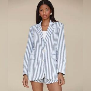 Avec Les Filles Boyfriend Button Blazer Striped White/Blue Women's Size Med NWT